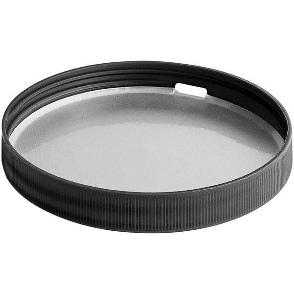 A close-up of a black 110/400 flat top induction-lined lid.