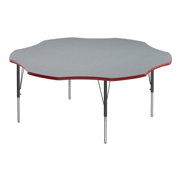 A grey and red Correll activity table with black legs and red trim.