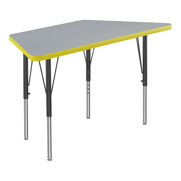 A grey and yellow trapezoid-shaped table with black legs and yellow trim.