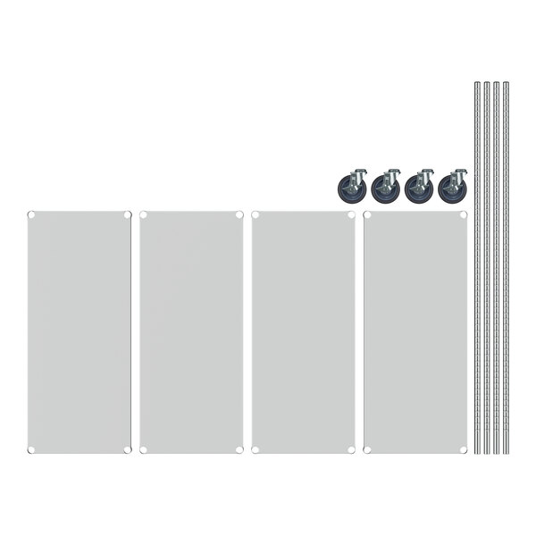 A white rectangular object with metal bars and four metal shelves.