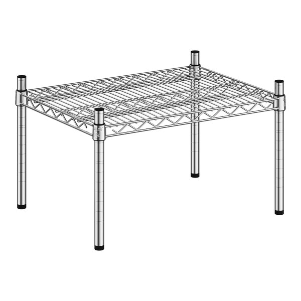 A Regency stainless steel wire dunnage rack with black legs.