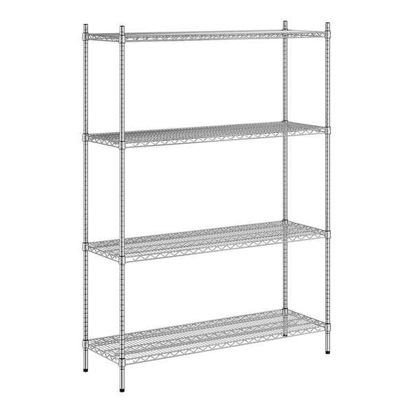 A wireframe of a Regency stainless steel shelving unit with four shelves.