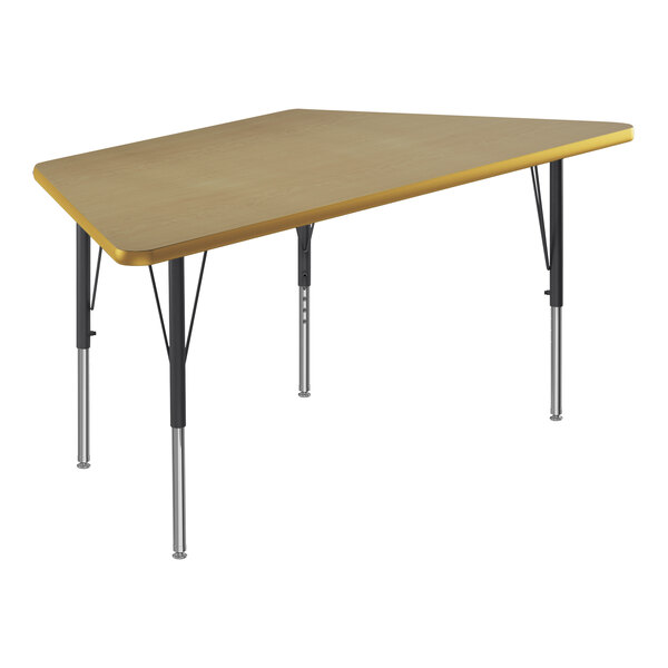 A trapezoid-shaped Correll activity table with black legs.