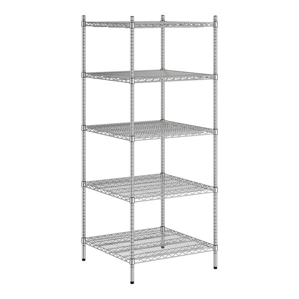 A Regency stainless steel wire shelving unit with five shelves.