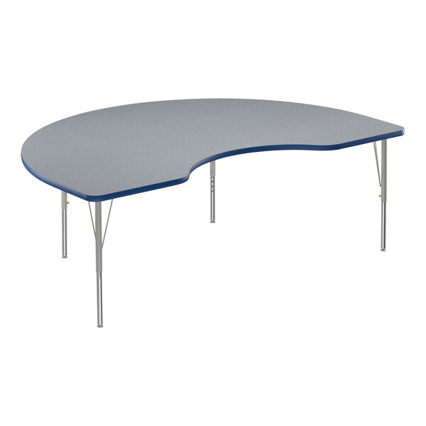 A grey Correll kidney-shaped activity table with blue edges and silver legs.