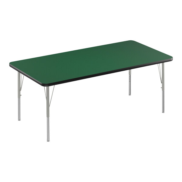 A green rectangular Correll activity table with silver metal legs and black edges.