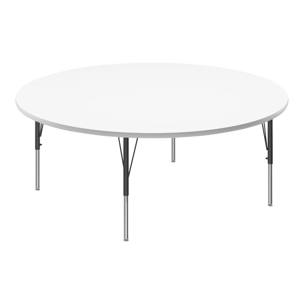 A white round Correll activity table with black legs.