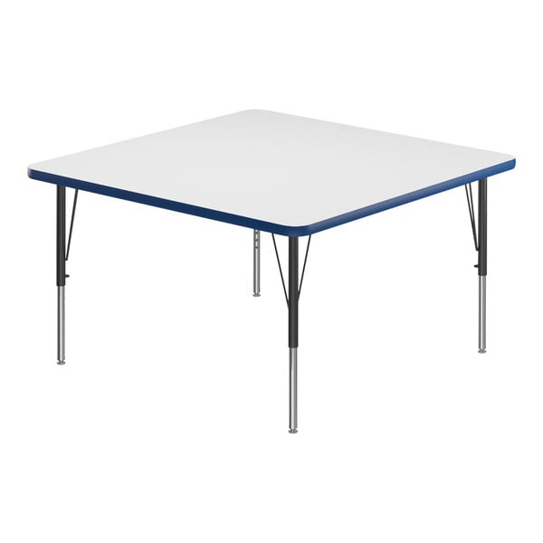 A white square Correll activity table with black legs and a blue edge.