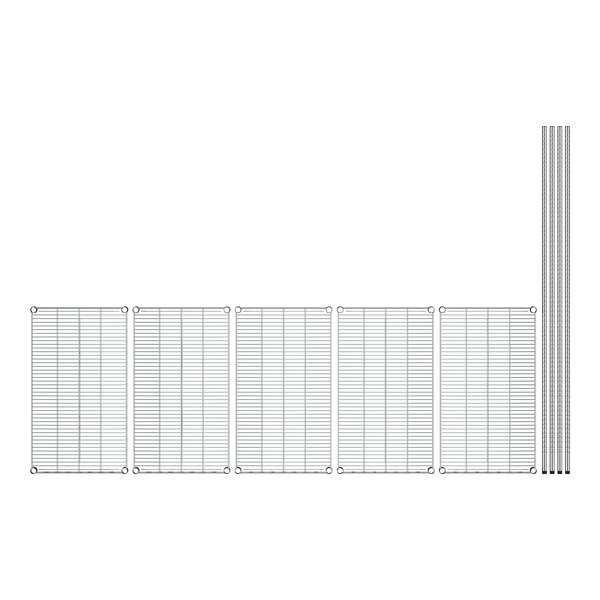 A row of stainless steel wire shelves with white grids.