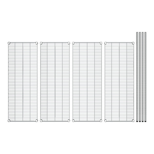 A Regency stainless steel wire shelving unit with four shelves and metal rods.