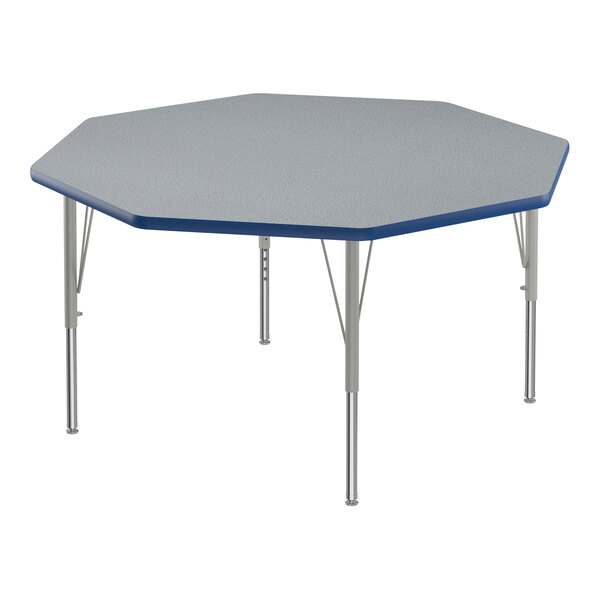 A gray and blue Correll octagon activity table with silver legs.