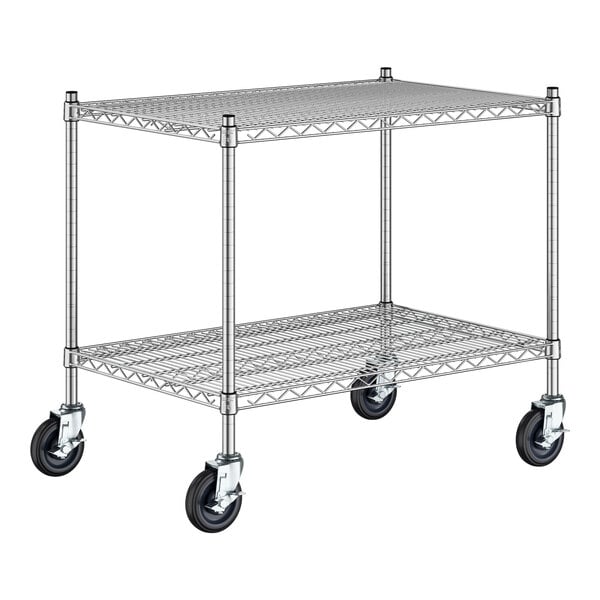 A Regency stainless steel wire shelving starter kit with wheels.