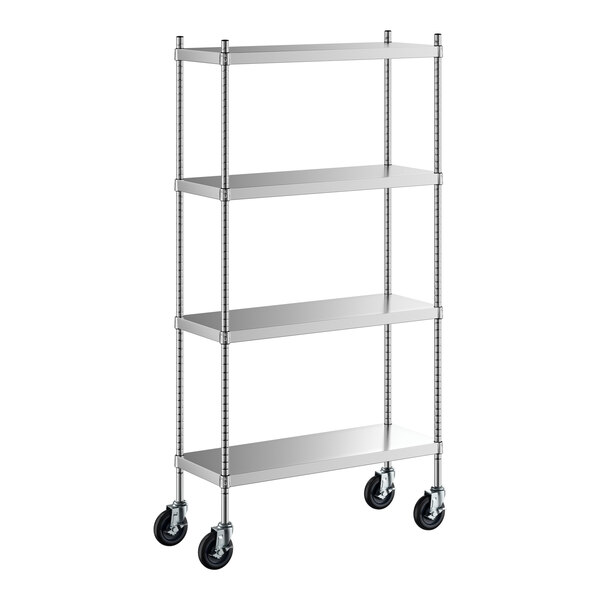 A Regency stainless steel shelving unit with wheels.