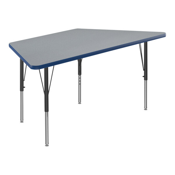 A grey rectangular Correll activity table with blue trim and black legs.