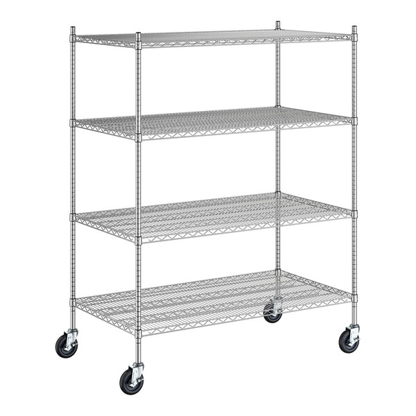 A Regency chrome wire shelving unit with wheels and four shelves.