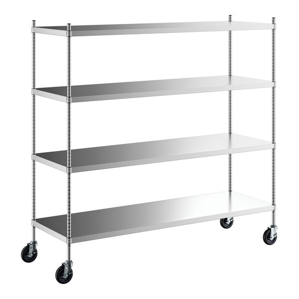 A Regency stainless steel mobile shelving unit with wheels.