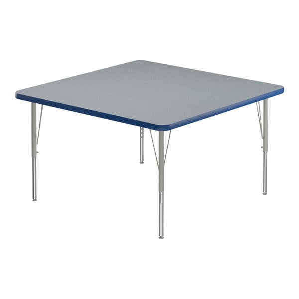 A square Correll activity table with silver legs and blue T-Mold edge.