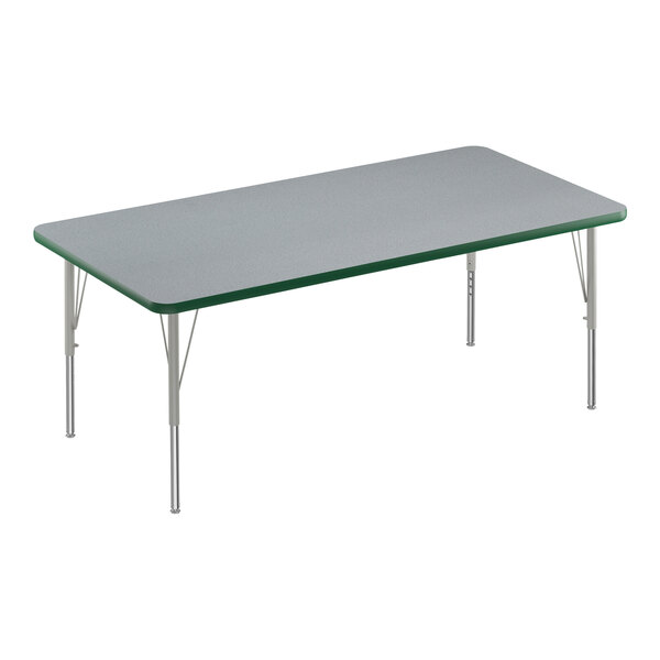 A rectangular table with a gray top and green edge with silver legs.