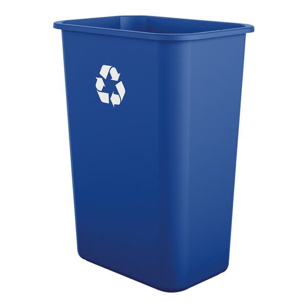 A Suncast blue rectangular recycling bin with a recycle symbol.