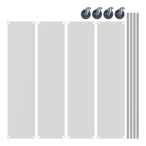 A white rectangular metal shelving unit with 4 shelves and wheels.