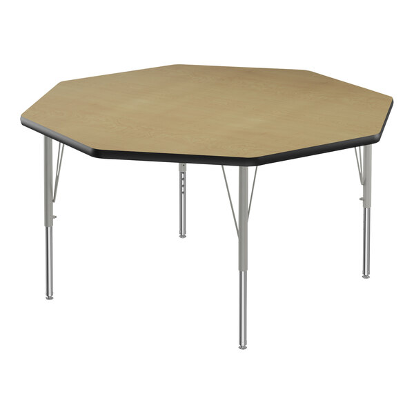 A hexagon Correll activity table with silver legs and a high-pressure laminate top.
