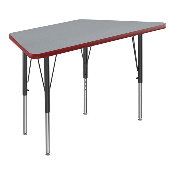 A grey rectangular Correll activity table with black legs and red trim.