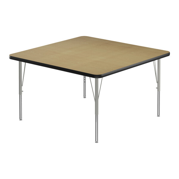 A square Correll activity table with silver legs and a black edge.