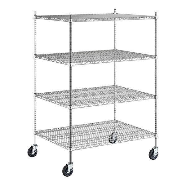 A Regency stainless steel wire shelving starter kit with wheels and 4 shelves.