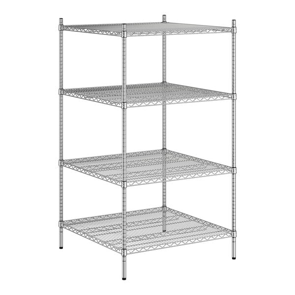 A wireframe of a Regency stainless steel shelving unit with four shelves.