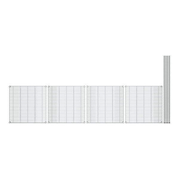 A row of metal grids with shelves on them.