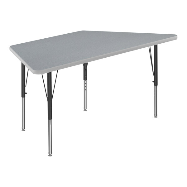A grey trapezoid activity table with black legs.