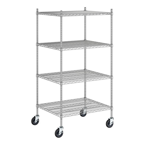 A Regency stainless steel wire shelving unit with wheels and four shelves.