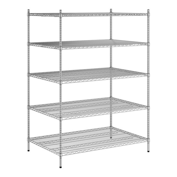 A wireframe of a Regency stainless steel wire shelving unit with 5 shelves.