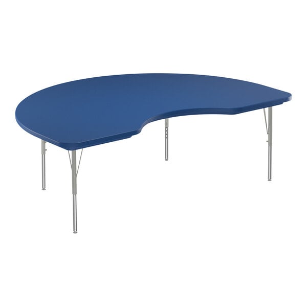 A blue Correll kidney-shaped activity table with silver legs.