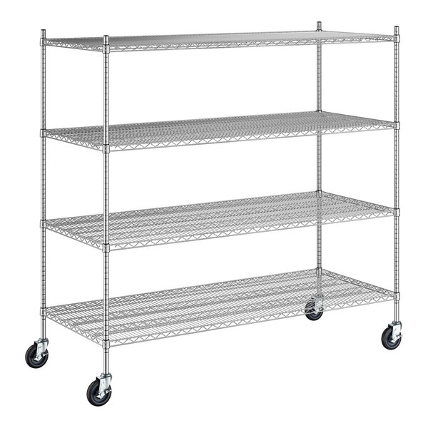 A Regency stainless steel wire shelving starter kit with wheels.