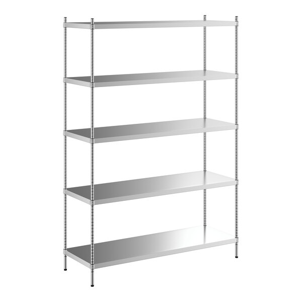 A Regency stainless steel shelving unit with five shelves.
