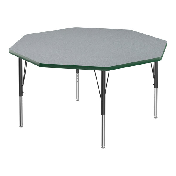 A Correll gray high-pressure laminate activity table with black legs and green T-mold.