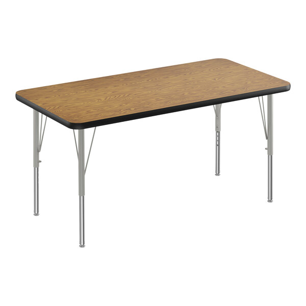 A rectangular Correll activity table with a wooden surface and black edge and silver legs.