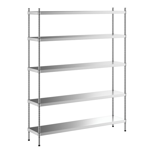 A Regency stainless steel stationary shelving unit with four shelves.