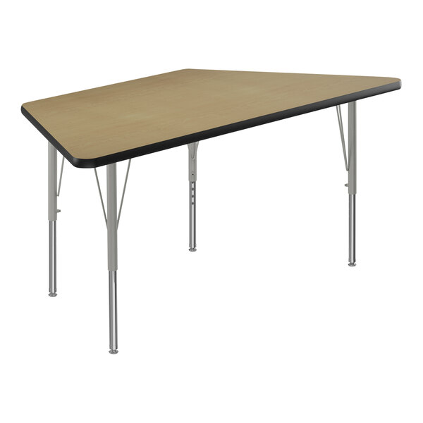 A trapezoid-shaped Correll activity table with silver legs and a black top.