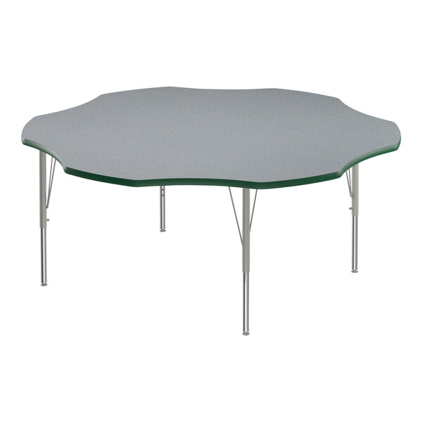 A gray activity table with silver legs and a green edge.