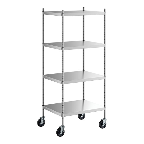 A Regency stainless steel shelf on wheels.