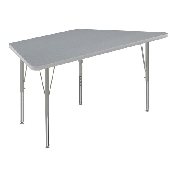 A grey trapezoid table with silver legs.