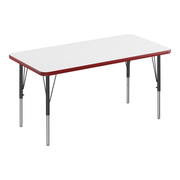 A white rectangular Correll activity table with black legs and red edges.