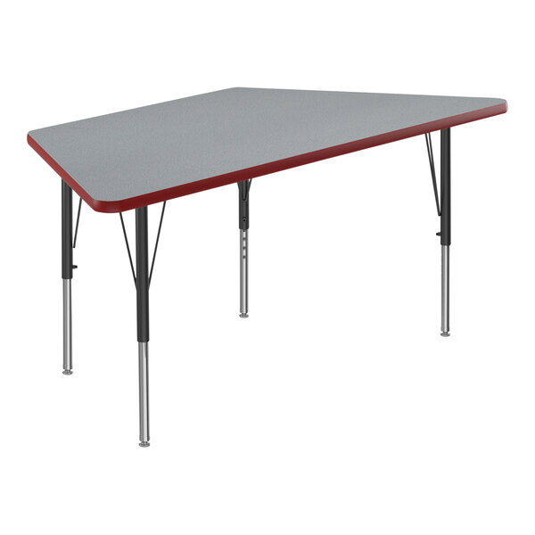 A grey rectangular Correll activity table with black legs and red trim.