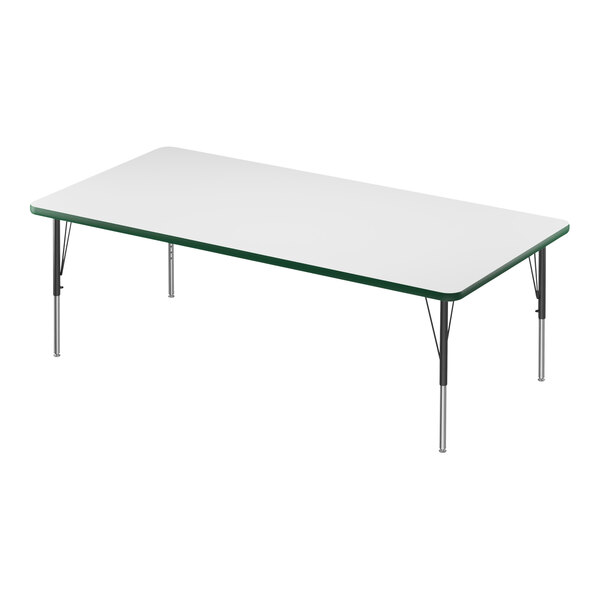 A white rectangular Correll activity table with metal legs and a green edge.