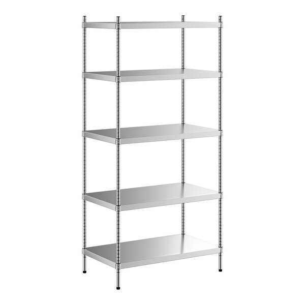 A Regency stainless steel shelving unit with five shelves.