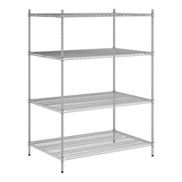 A wireframe of a Regency chrome stationary wire shelving unit with four shelves.