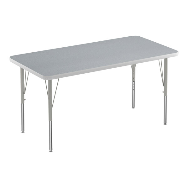 A rectangular Correll activity table with a gray top and silver legs.