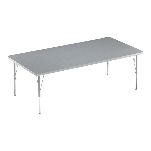 A rectangular Correll activity table with gray top and silver legs.